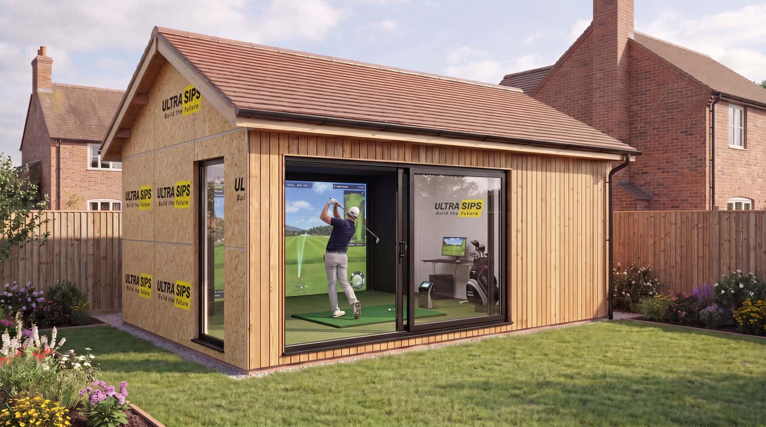 Golf simulator SIP room concept with high ceiling